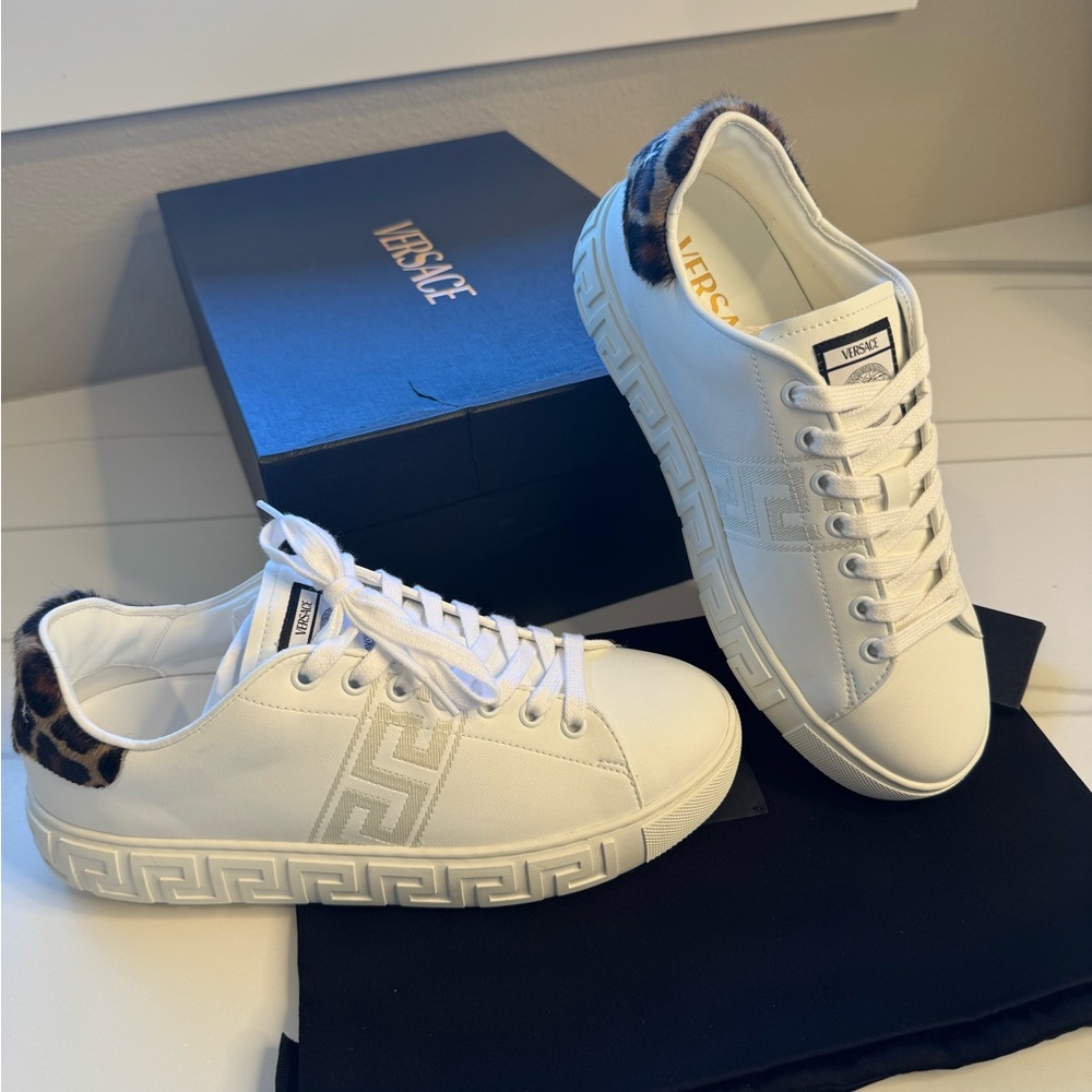 Versace White and Leopard Print Sneakers